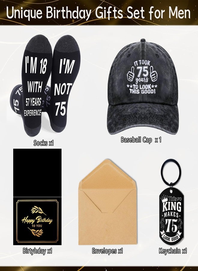 Keluna 75th Birthday Gifts for Men - 4Pcs 75 Year Old Mens Birthday Gifts Ideas, Funny Baseball Cap, Socks, Keychain, Greeting Card with Envelope, Cool 75th Presents for Him Dad Granpa Husband Boss - Image 2